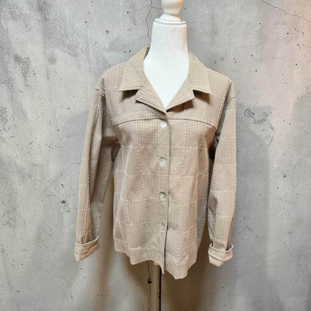 Coldwater Creek Vintage Tan Patchwork Knit Shirt Jacket Sz L Earthy Boho